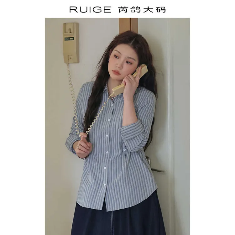芮鸽微胖定制蓝白条纹衬衫女设计感上衣胖mm洋气长袖巨显瘦遮肚