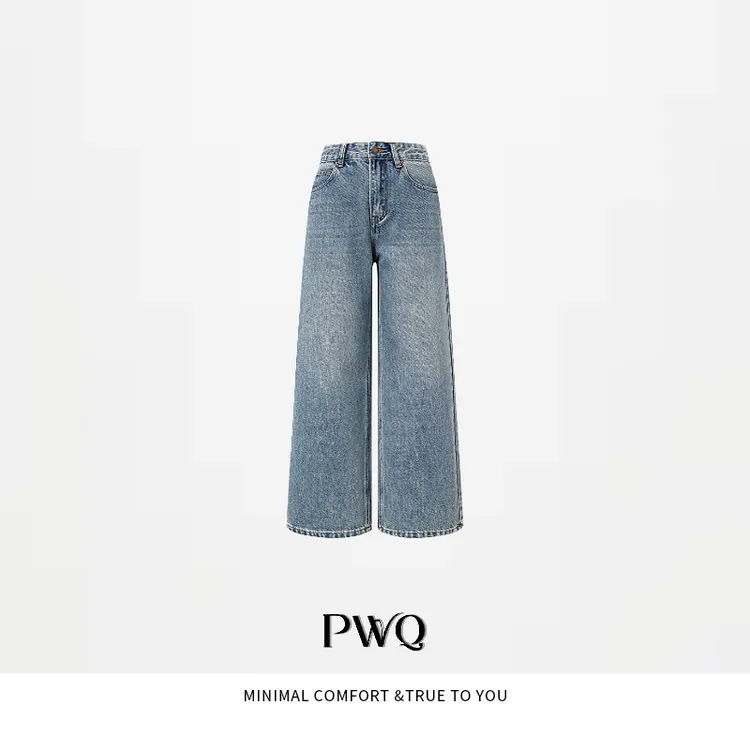 【雾蓝】牛仔裤高腰磨白直筒休闲复古棉阔腿裤ZZ-2582632-QK