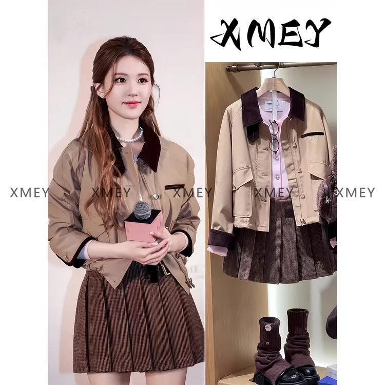 赵露思同款2025秋冬新款复古通勤翻领夹克短外套格子半身裙套装女