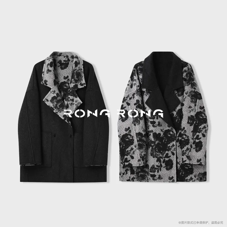 溶溶【水墨花诗】RONGRONG 100绵羊毛双面印花双面呢大衣2512H007