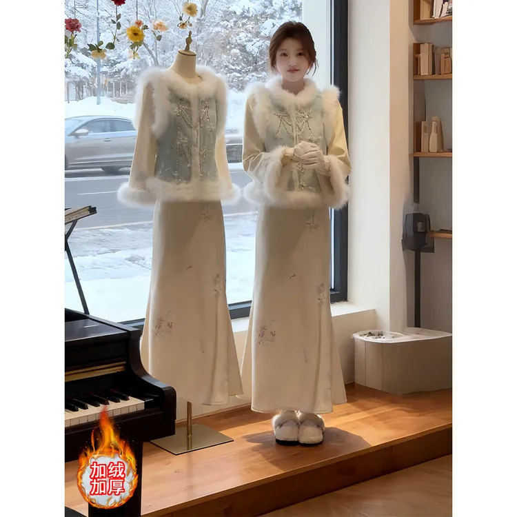 冬季加绒加厚旗袍上衣半身裙套装女过年新中式国风连衣裙子两件套