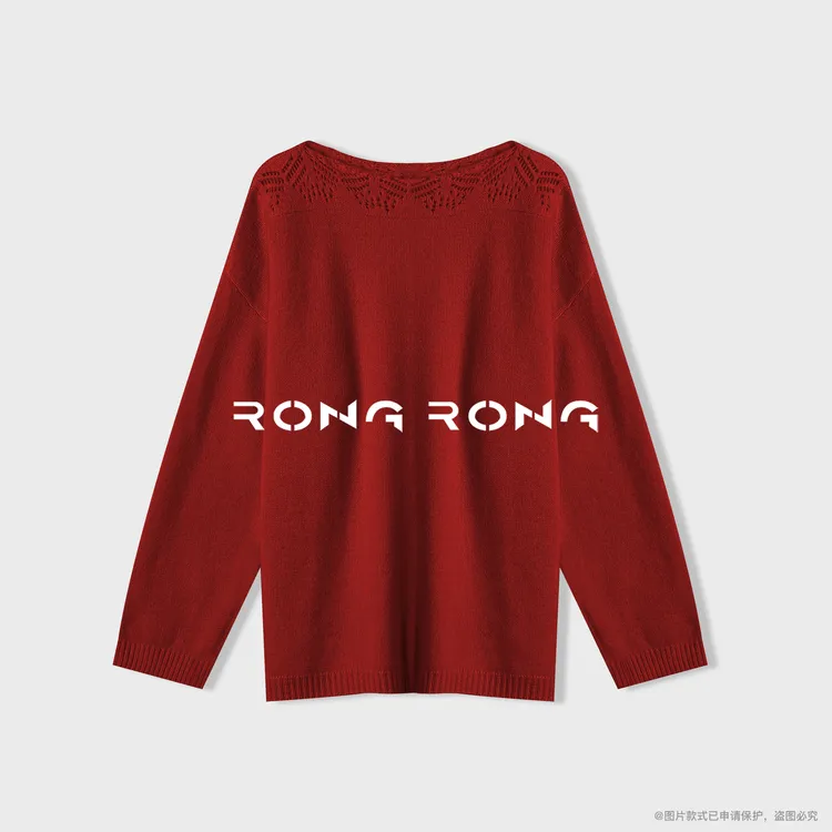 溶溶S【栀子独白】RONGRONG100绵羊毛一字领钩花镂空优雅羊毛衫2548