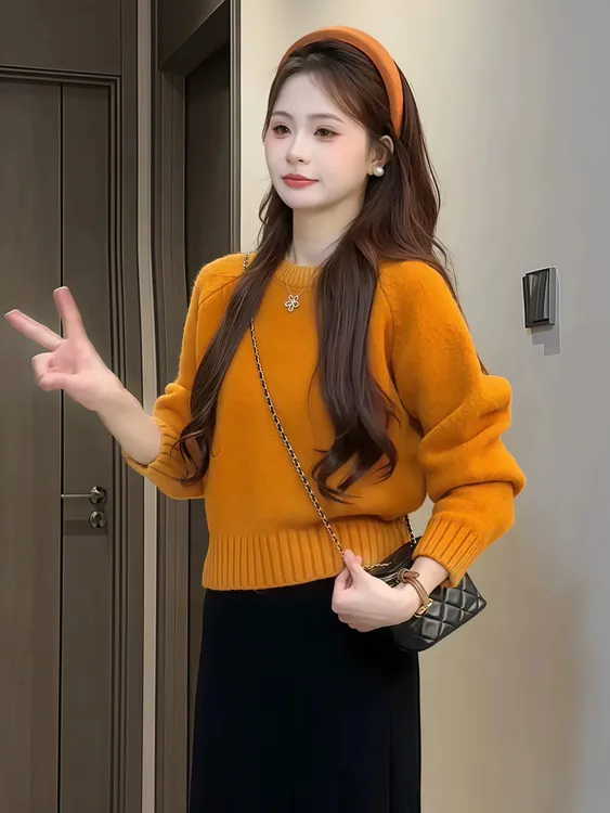 简约纯色显白慵懒风软糯长袖毛衣女黑色百搭半身裙2025秋冬套装女