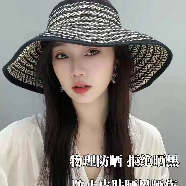 大帽檐草编防晒帽子女夏季出游海边度假空顶遮阳帽时尚百搭太阳帽
