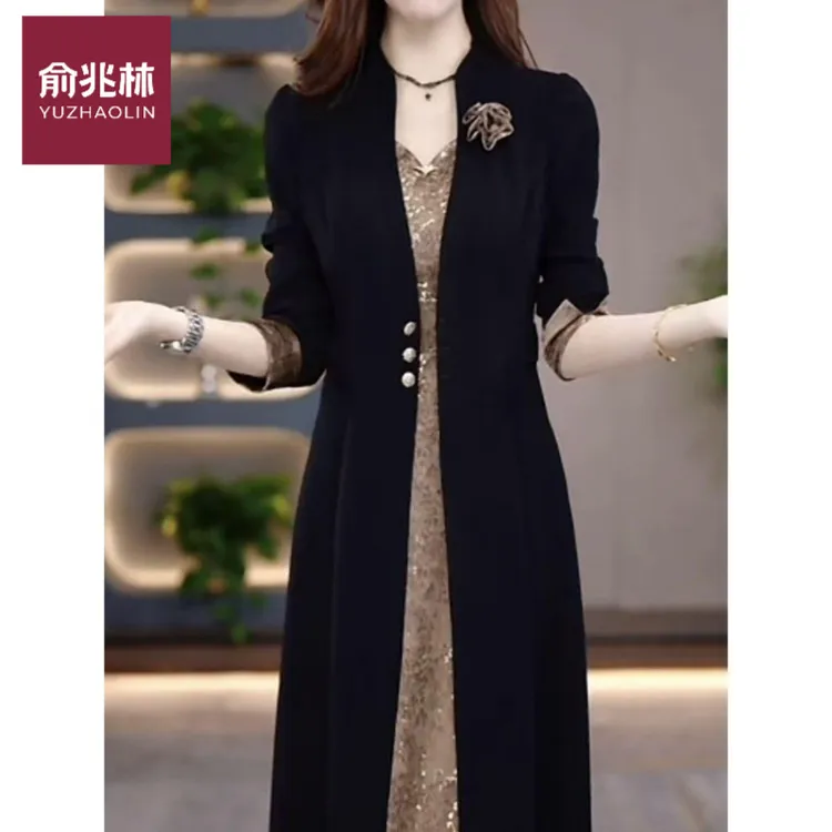 高级梭织弹力精纺洋气假俩件高档连衣裙2025秋季新款中年妈妈裙子