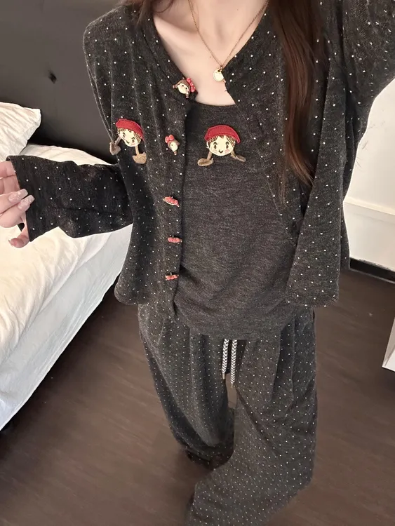 可爱波点小红帽三件套长袖家居服睡衣女款秋冬长裤开衫外套可外穿