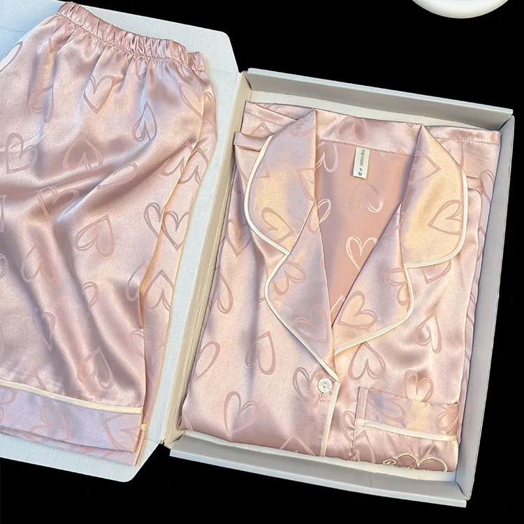 高级感冰丝睡衣女春秋爱心印花套装ins薄款短袖长裤三件套家居服