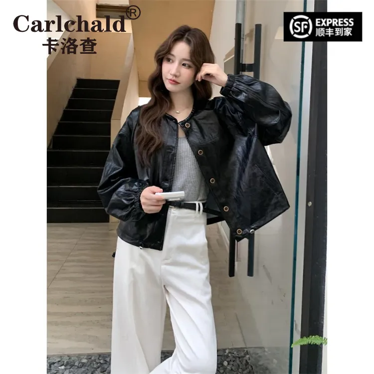 CARLCHALD卡洛查港风覆古休闲短款黑色皮衣外套女春秋2025新款小
