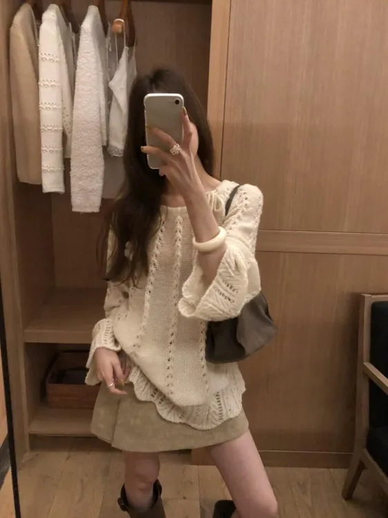 慵懒风时尚套装镂空长袖针织衫毛衣女装秋季2025新款半身裙两件套