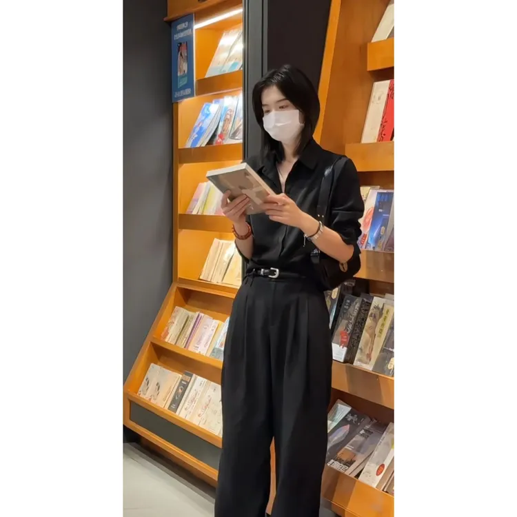 MARIE.COCO御姐风酷飒拽姐穿搭黑色通勤网红衬衫搭配休闲长裤套装