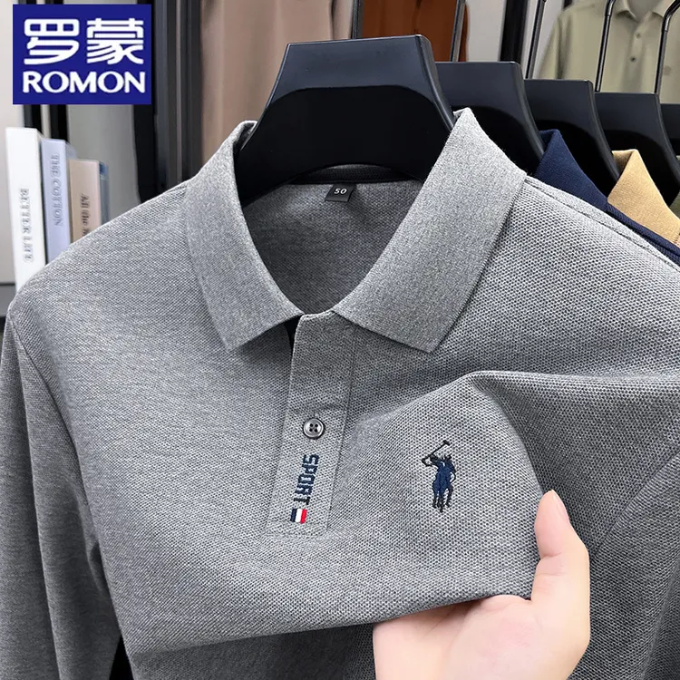 罗蒙100%纯棉翻领刺绣长袖t恤男春秋新款纯色休闲商务打底Polo衫