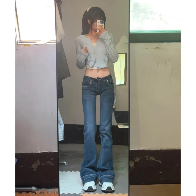 裤长112cm高个子加长复古低腰牛仔裤女春秋修身提臀弹力微喇叭裤