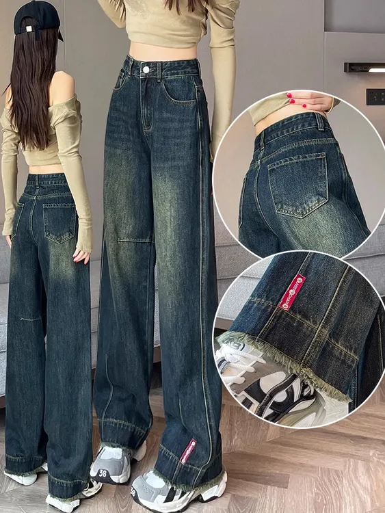 大码窄版阔腿牛仔裤女2025年春秋爆款梨型身材收胯流苏直筒拖地裤