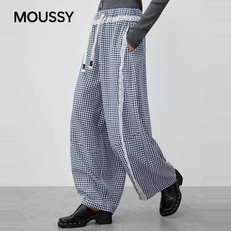 MOUSSY&Monchhichi合作款秋季格子休闲长裤028IAA01-1014