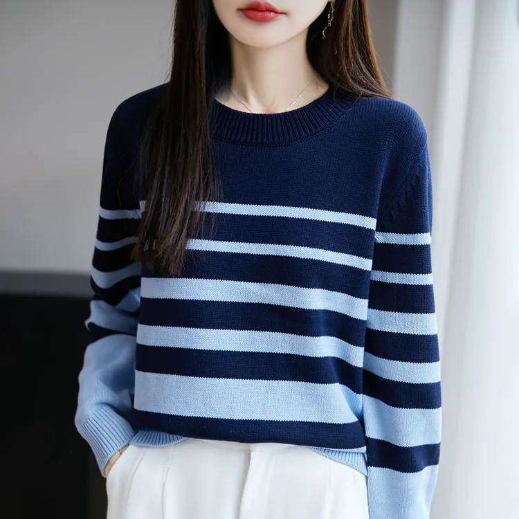 秋冬加厚100%纯棉线条纹针织衫拼色肯豆风宽松显瘦时尚长袖不起球
