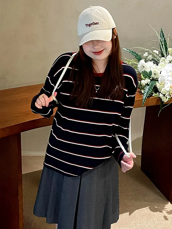 【条纹控】大码女装圆领休闲上衣撞色条纹衫2025冬款胖mm针织衫毛衣