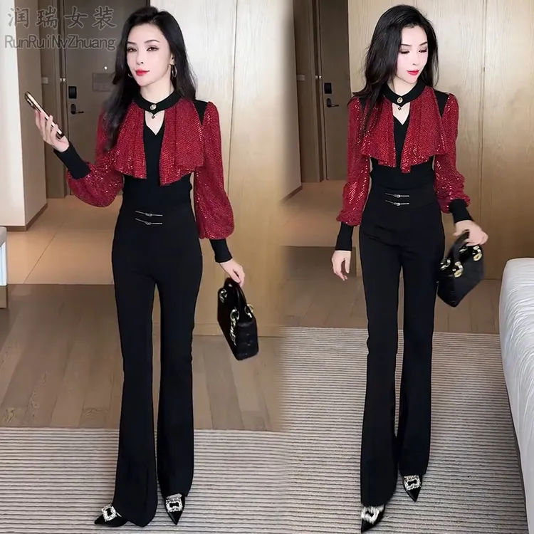 设计感时尚套装女2025秋季新款时髦亮闪闪长袖T恤微喇裤两件套潮