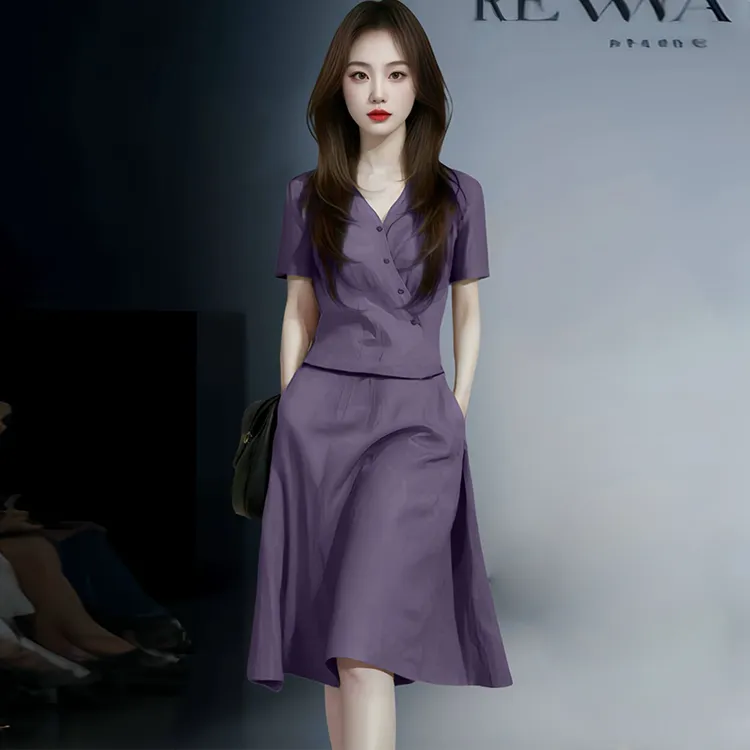 时尚设计感v领收腰套装女2025年夏季新款遮肉显瘦上衣半裙两件套