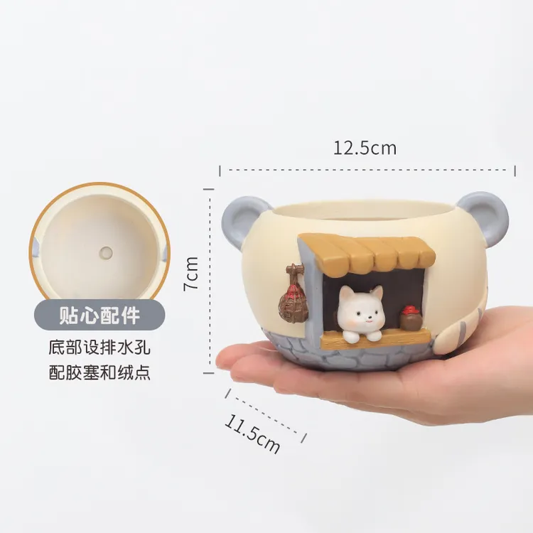 新奇动漫可爱多肉植物花盆办公室阳台装饰树脂材质微景观园艺盆狐