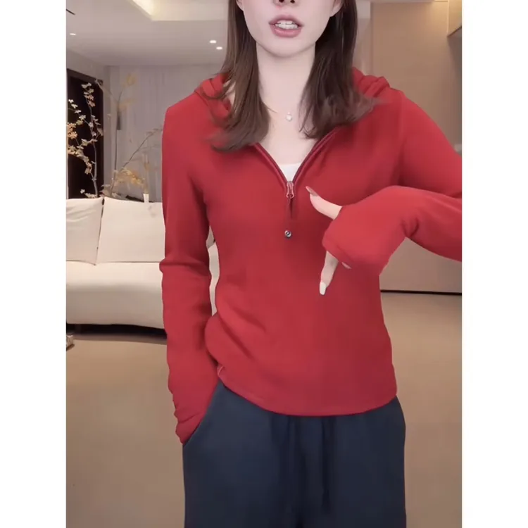 秋冬新款半拉链连帽双面绒长袖T恤女洋气时尚修身显瘦气质帽衫