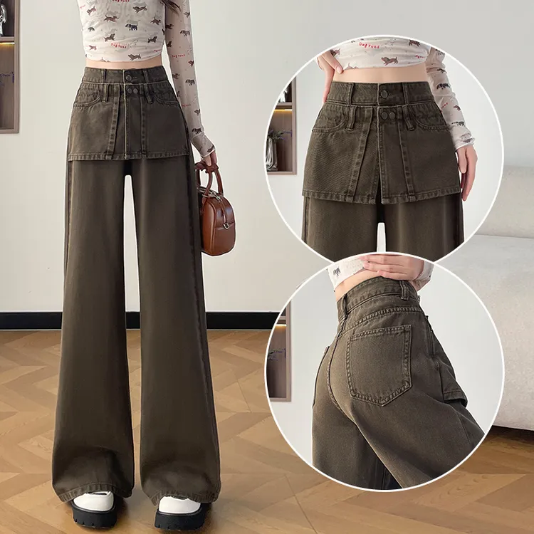 蜜蜜穿搭咖啡色假两件叠穿牛仔裤女设计感拼接加绒裤子秋冬阔腿裤