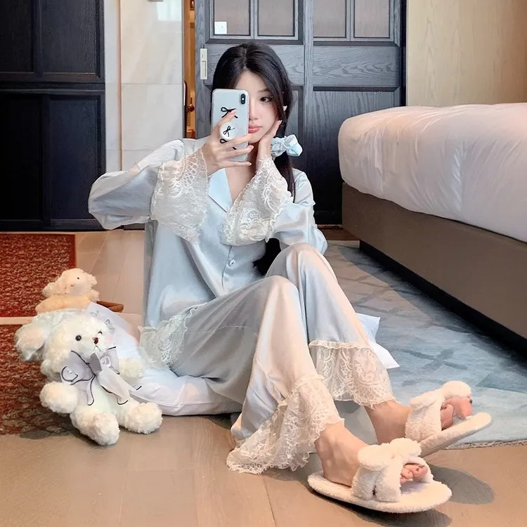 2024新款冰丝绸缎睡衣女春秋季甜美性感长袖长裤可外穿家居服套装