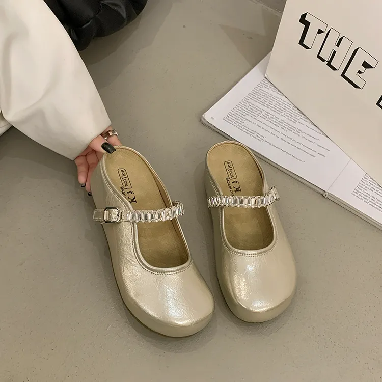 法式厚底内增玛丽珍鞋女夏季新款外穿时尚百搭水钻软底包头半拖鞋