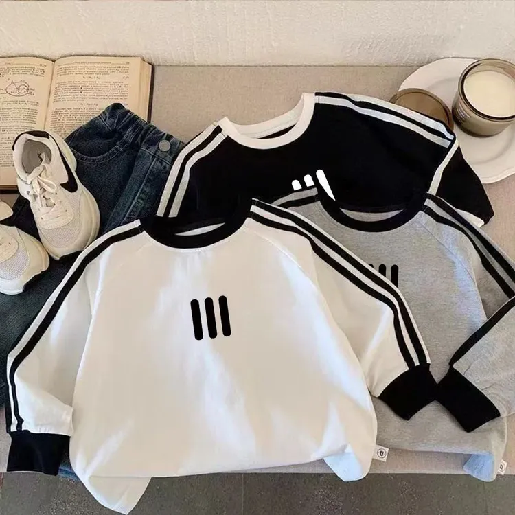 简约韩版上衣男童女童春装纯棉长袖T恤春秋装圆领拼色百搭打底衫