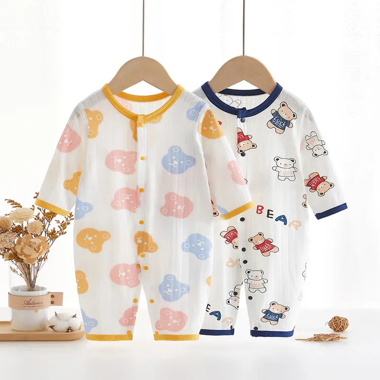 婴儿连体衣长袖薄款莫代尔新生儿衣服夏季无骨空调服哈衣初秋睡衣