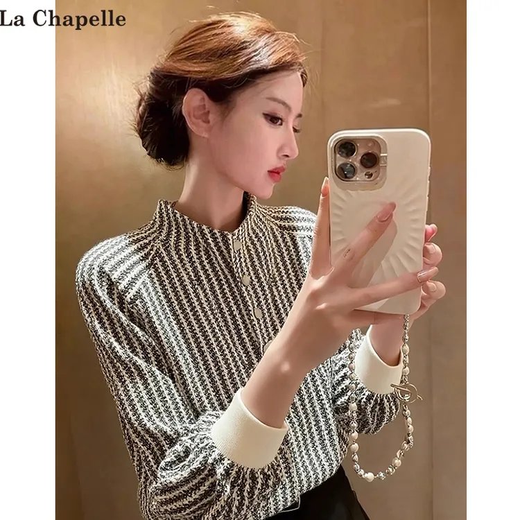 拉夏贝尔2025秋冬独特洋气减龄韩系小众轻奢高级感条纹立领衬衫女