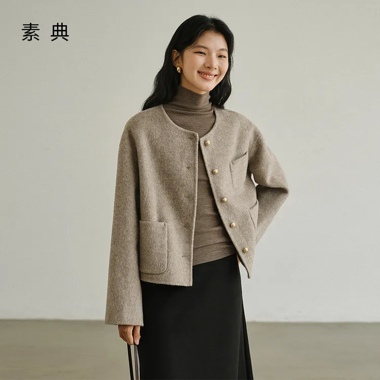 素典【暖棕慢调】100%绵羊毛双面呢大衣秋冬复古短款毛呢外套女5045