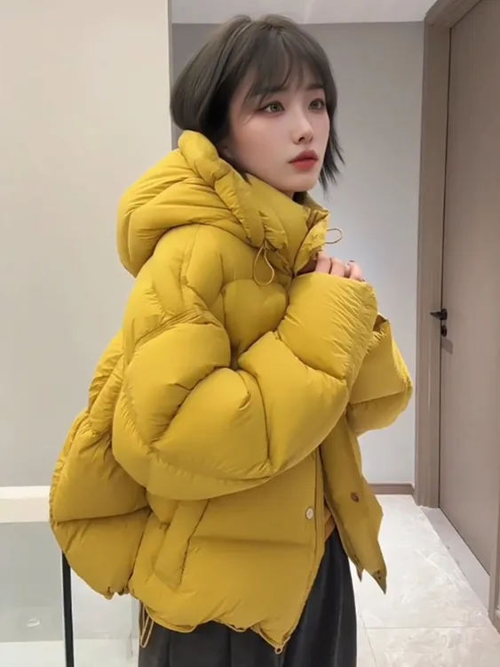 高级感黄色短款连帽棉衣棉服女2025冬加厚面包服洋气防寒保暖外套
