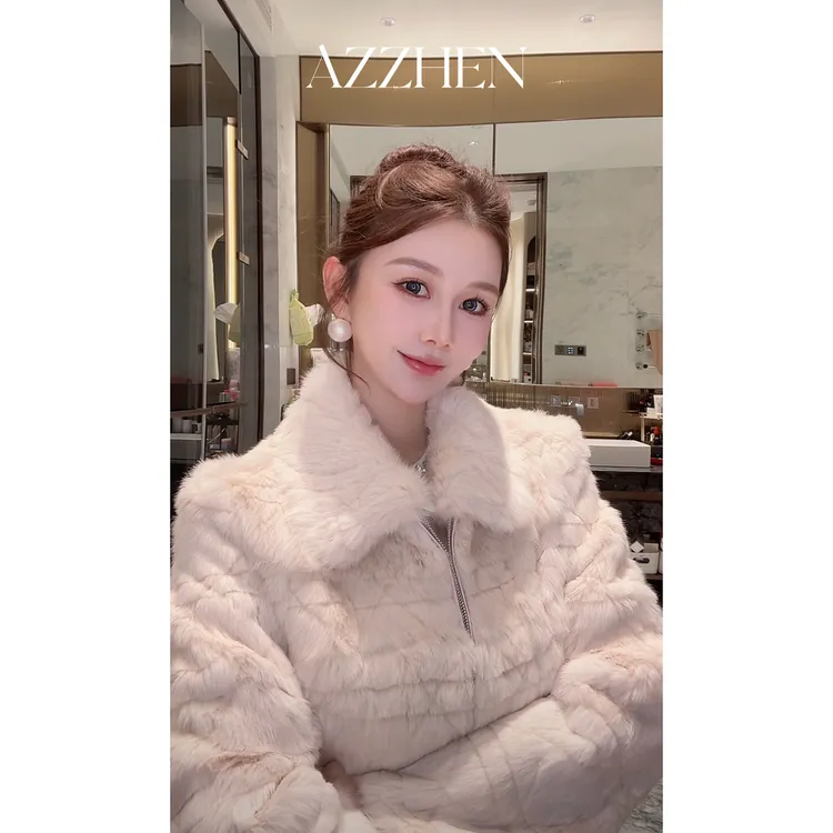 AZZHEN【CD小姐】CD菱格经典贵气名媛风千金兔拼接羊皮毛皮草外套