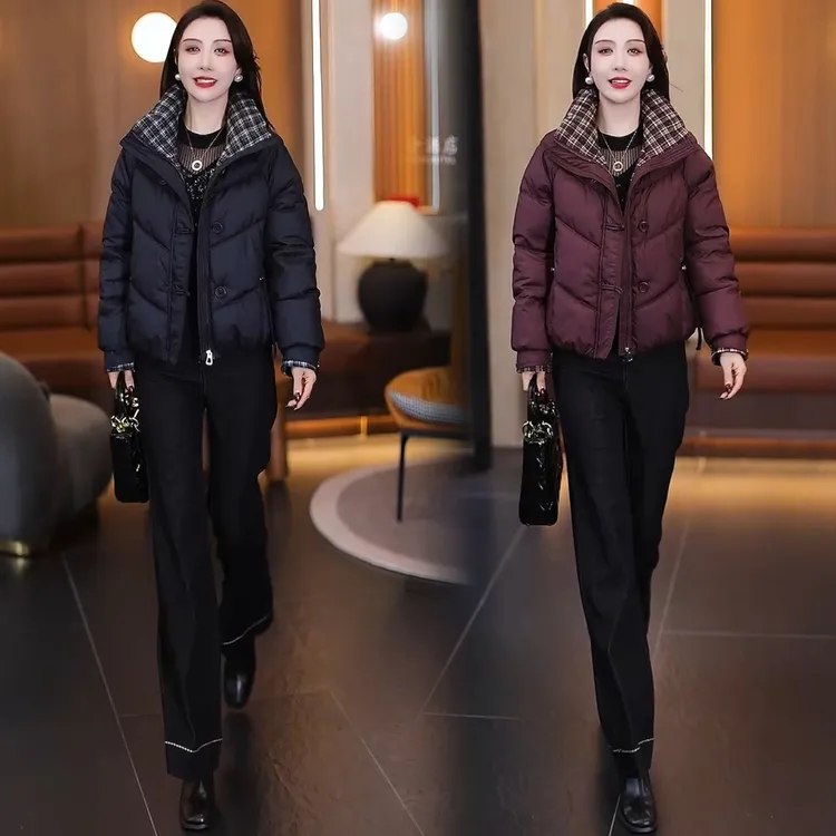 时尚格子立领短款棉服女冬季新款洋气宽松保暖加厚小个子棉袄外套