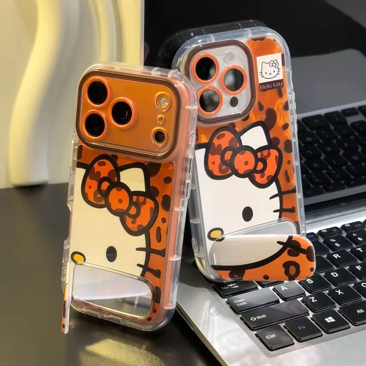 橙色豹纹KT支架适用苹果17手机壳iPhone16华为p70vivo小米14oppo