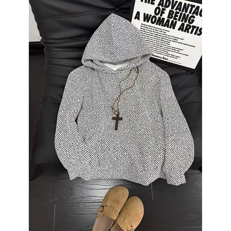 美式黑白小香风连帽卫衣男款冬季高街慵懒斑马纹外套情侣宽松帽衫