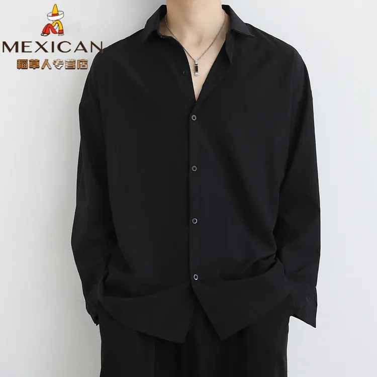 稻草人春秋季宽松冰丝黑色垂感男士衬衫男长袖痞帅休闲男装白衬衣