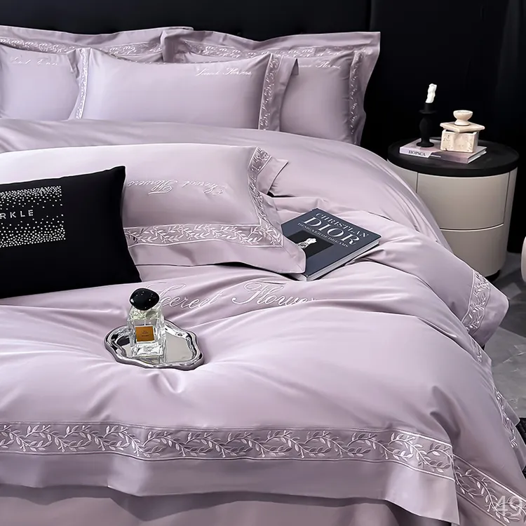富安娜高端A类刺绣四件套长绒棉纯棉全棉床单被套适合裸睡套件