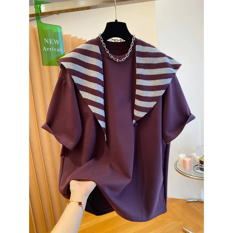 大码女装胖mm240斤高级感披肩短袖t恤女宽松德绒磨毛打底衫秋上衣