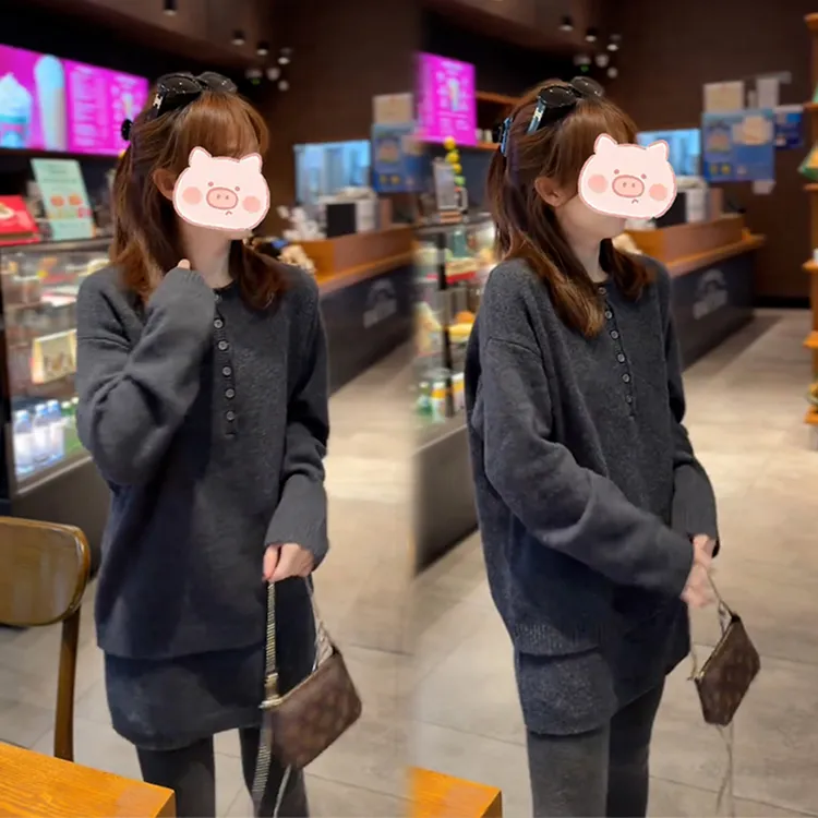 大码慵懒风灰色针织衫短裙韩系一整套深冬穿搭巨好看气质毛衣套装