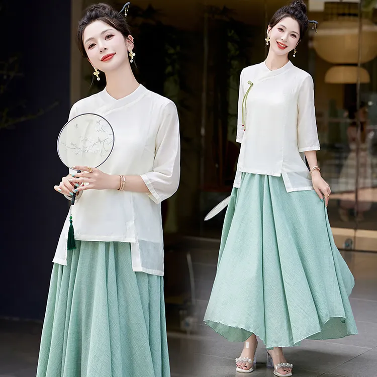 芷墨夏季新款复古淡雅新中式显瘦套装禅意茶服改良套装显高通勤女