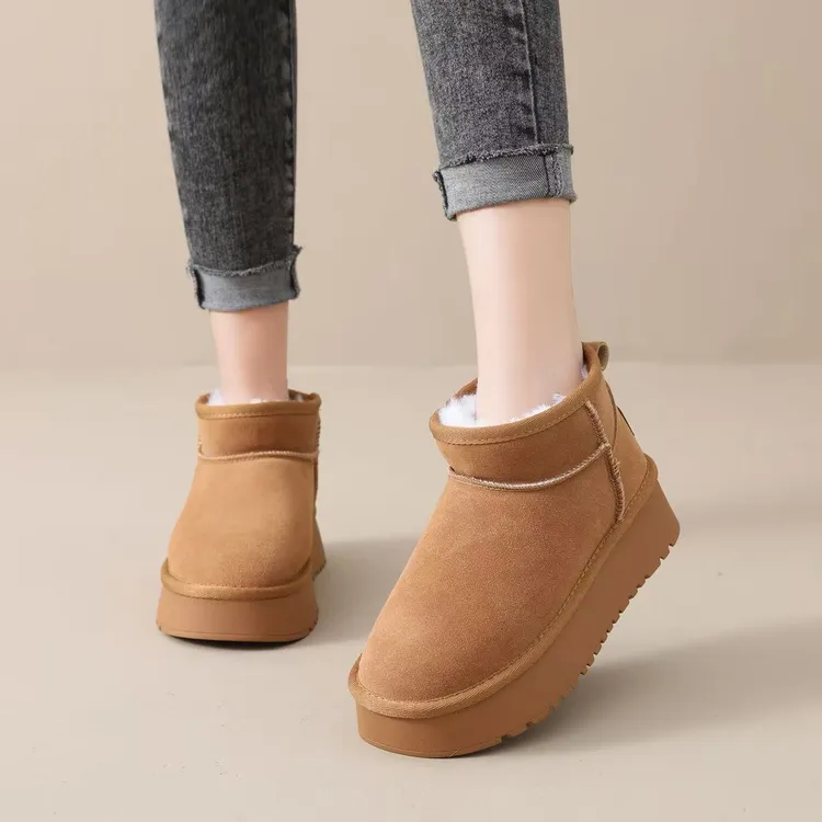 真皮雪地靴女士厚底增高加绒加厚保暖时尚外穿短筒秋冬外穿棉鞋