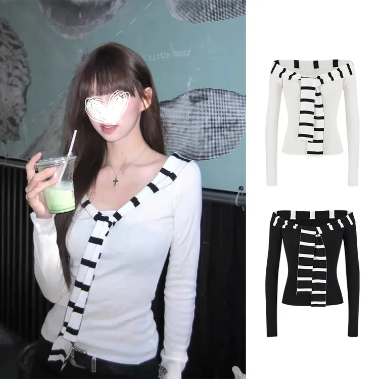 Moses Queen/魔西女王条纹拼接水手领长袖针织衫秋修身显瘦上衣女