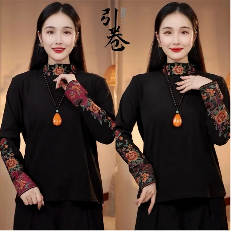 引卷刺绣澳绒秋冬民族风绣花防风T恤女网红常规款常规修身