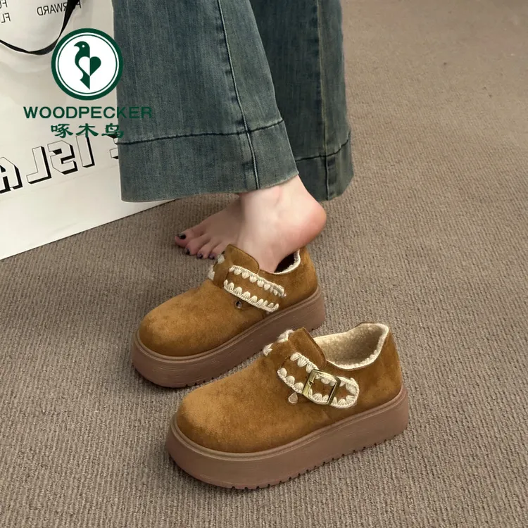 啄木鸟复古加绒勃肯鞋女鞋冬季新款厚底百搭增高可爱花边保暖棉鞋