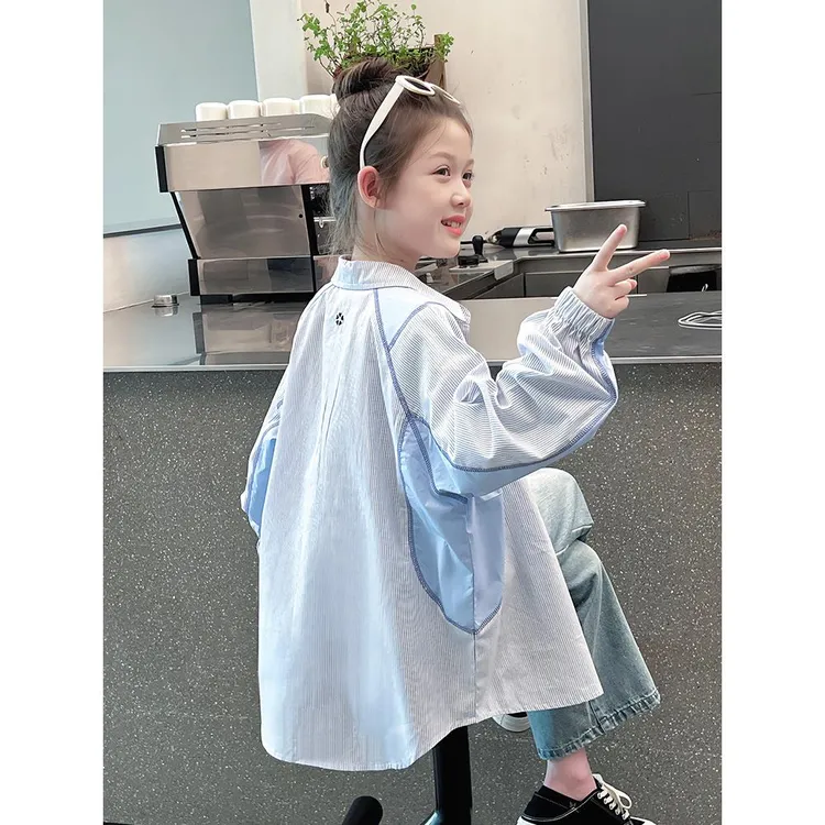 儿童中长款洋气衬衫女童条纹衬衫大童上衣女孩开衫2025春秋装新款