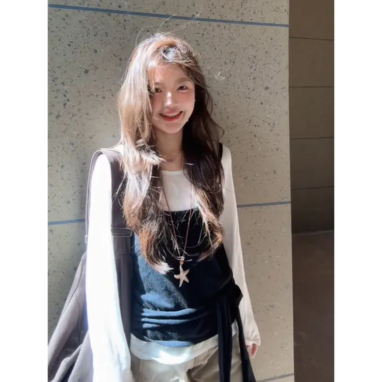 白色针织衫+绑带背心女早秋新款韩系叠穿小众百搭休闲慵懒两件套