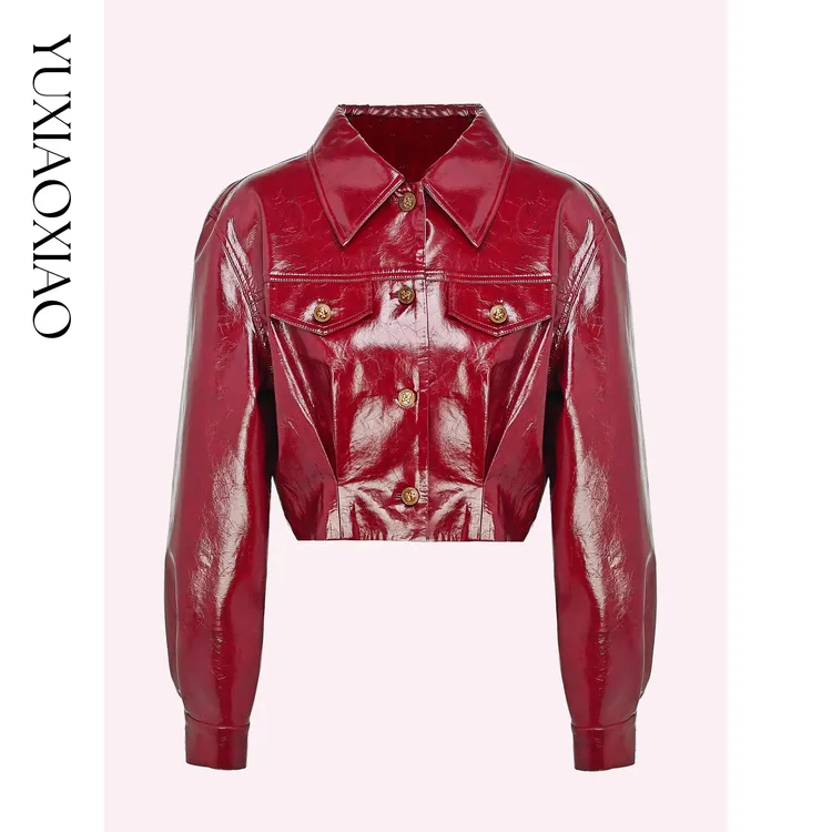 余潇潇【红宝石机车】复古时尚感精致蝴蝶结油蜡工艺翻领短皮衣