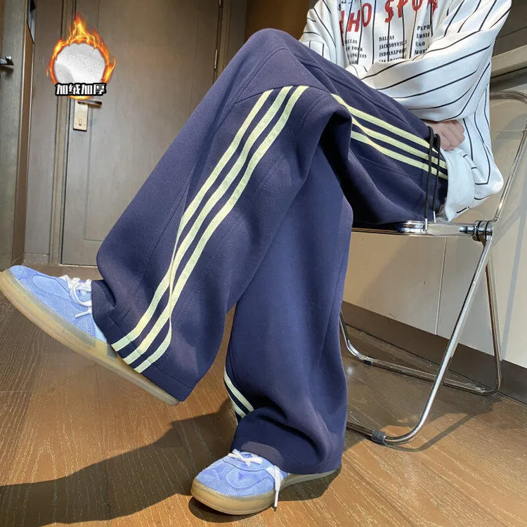 匡虎三条杠条纹运动卫裤男款春秋季垂感阔腿裤子宽松直筒休闲裤子