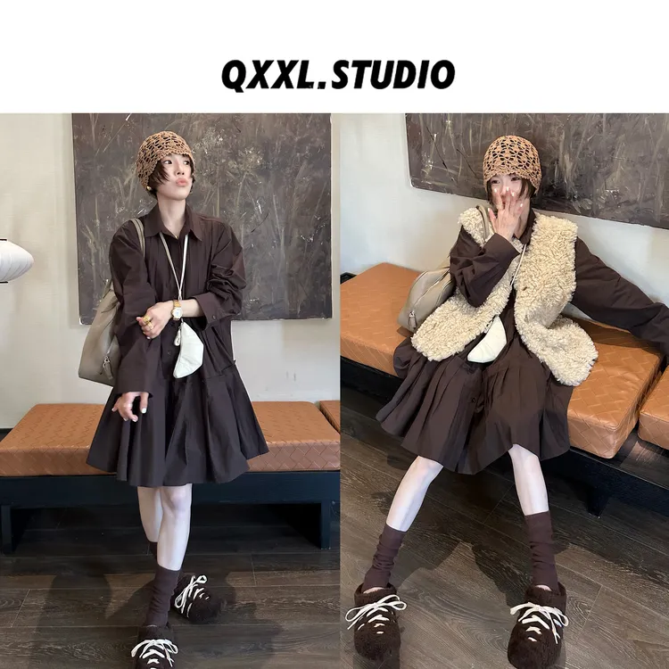 邱小小丽呀 秋季新款设计感衬衫连衣裙女百搭气质显瘦长袖百褶裙